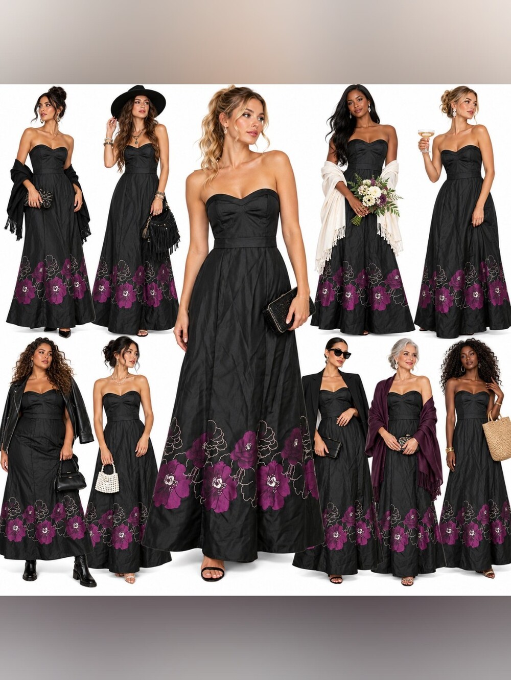 NEW Rubber Ducky Productions Black Purple Floral Strapless Maxi Dress Y2K Gown